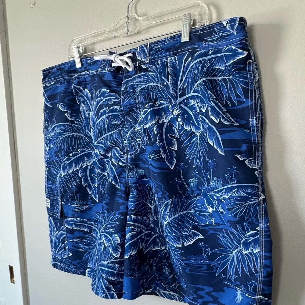 Polo by Ralph Lauren Blue Tropical Palm Print Swim Trunks